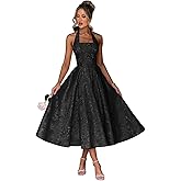 Verngo Satin Jacquard Tea Length Prom Dress for Women 2026 Midi Halter A Line Formal Evening Gowns with Pockets