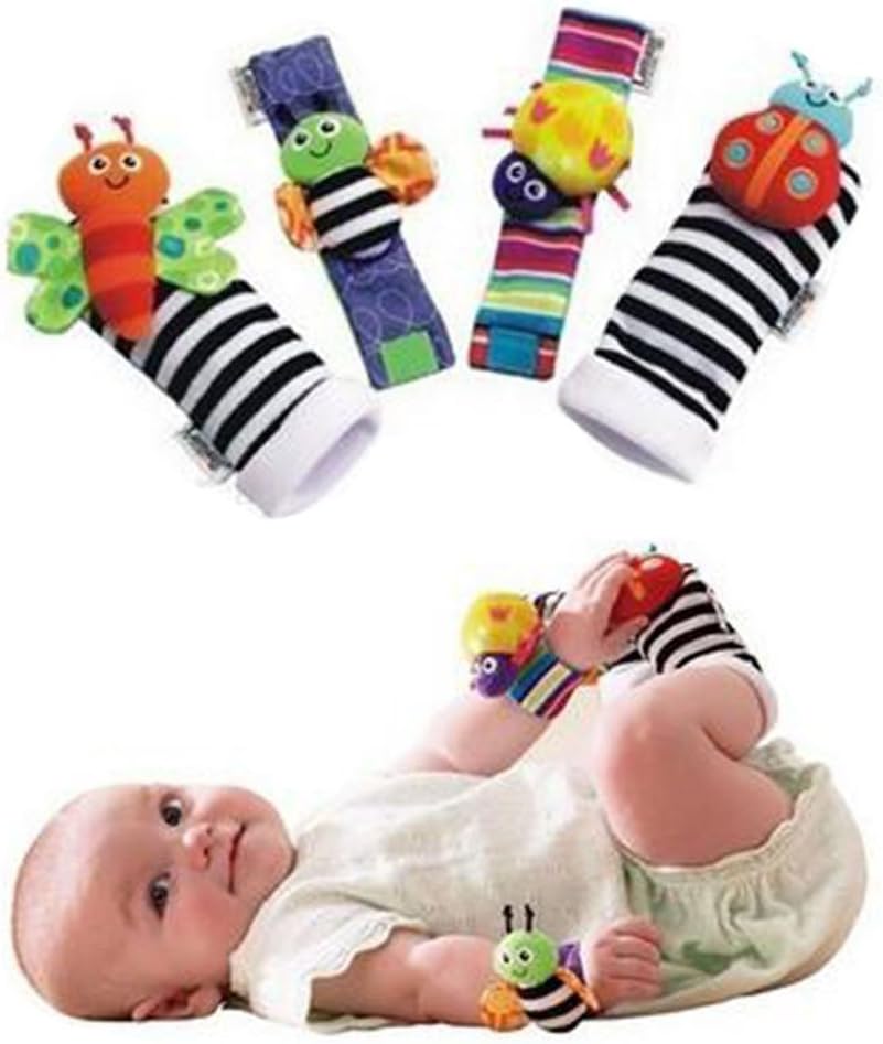 YIUHART Baby Rattle Toys Cute Animal Infant 4pcs(2pcs Waist and 2pcs Socks) Soft Wrist Bell Strap Rattles and Foot Socks Finder Set Developmental Soft Toys for Kids (Style 1)