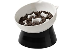 PTOBER Elevated Cat Slow Feeder Bowl - Ceramic Cat Bowl Slow Eating - Cat Puzzle Feeders - Tilted Raised Cat Food Bowl Anti Vomiting - Whisker Friendly Cat Feeding Bowls - Dishwasher Microwave Safe - 6 Inch