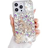 Poowear Compatible with iPhone 13 Pro Max Bling Glitter Case,Luxury Bling Diamond Rhinestone Gemstone 3D Butterfly and Rose Flower Gemstone Soft TPU Back Cover Case for Women Girls