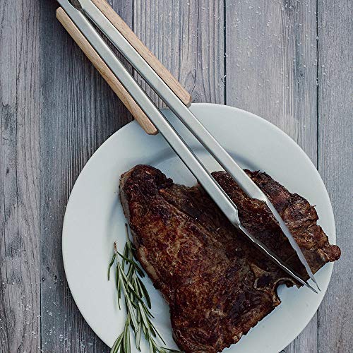 GRILLHOGS Barbecue Grill Tongs, 16 Inch, Best Metal Kitchen Tongs for Cooking and Grill Accessories, Stainless Steel + Oak Wood BBQ Tongs