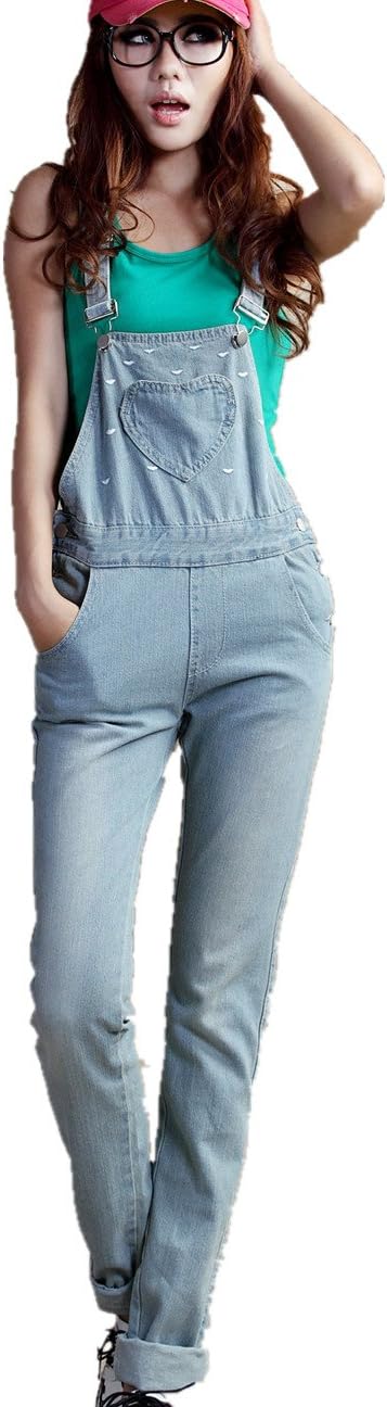 Shineflow Women's Love Embroided Loose Stone Wash Ladies Dungarees Overall Jeans