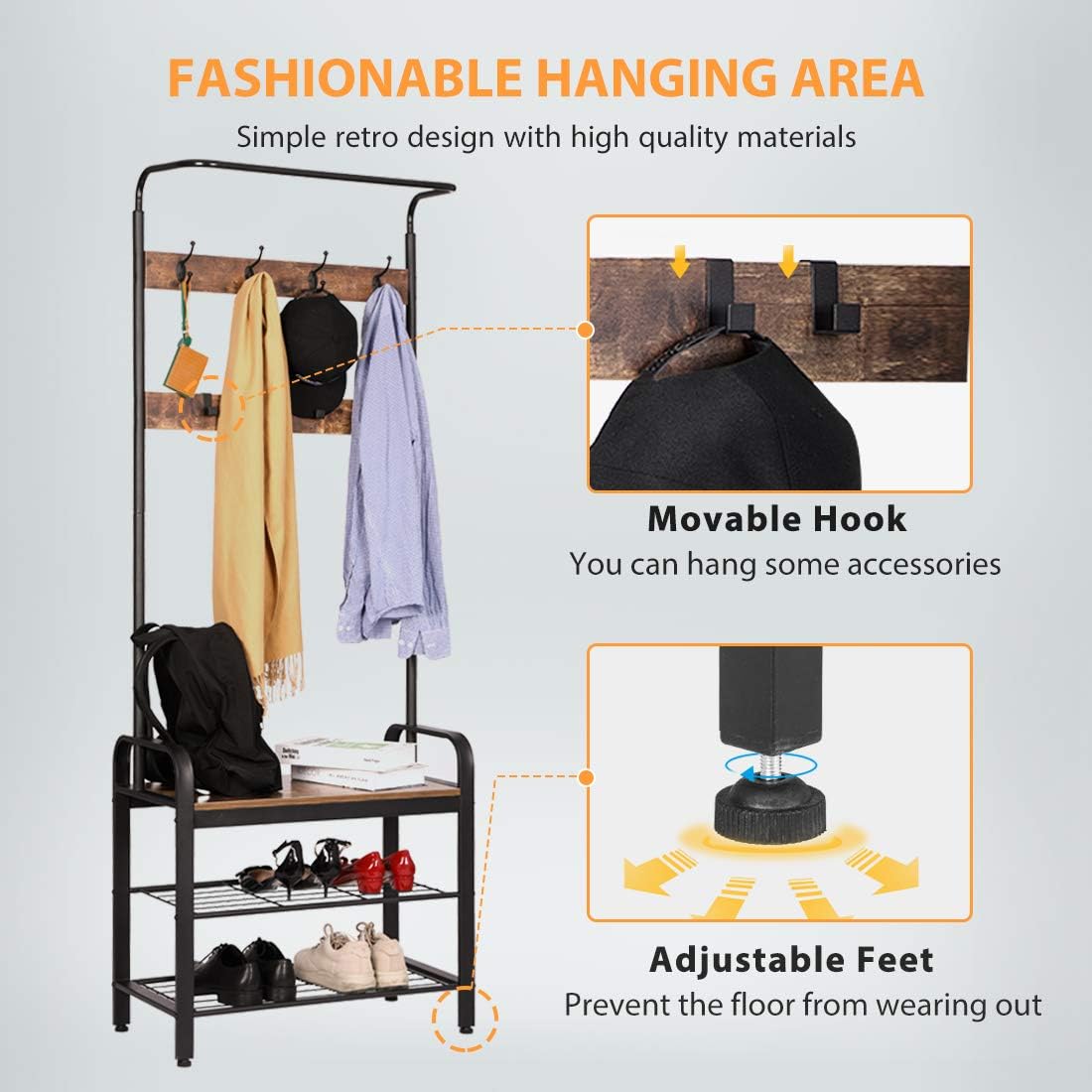 VIVOHOME 3-in-1 Entryway Hall Tree, Heavy Duty MDF Stand Coat Rack with Storage Bench, Industrial Wood Furniture with Stable Metal Frame, 8 Hooks: Home Improvement