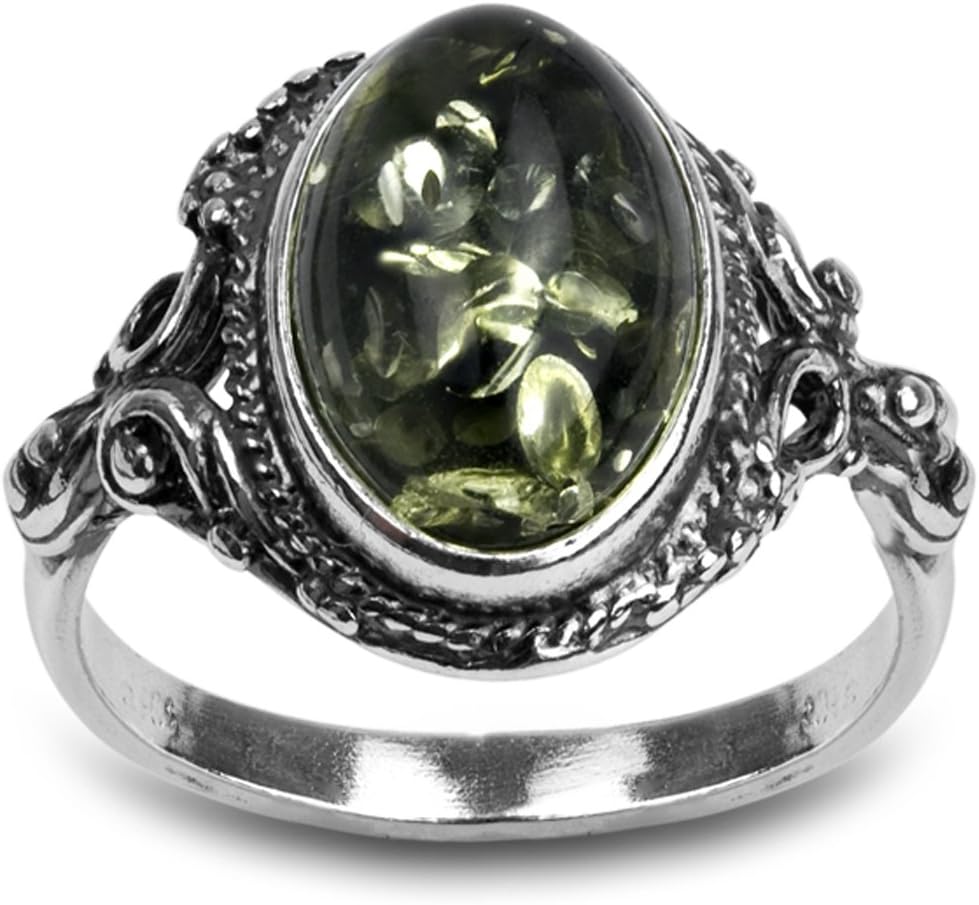 Sterling Silver Green Yellow Amber Oval Ring