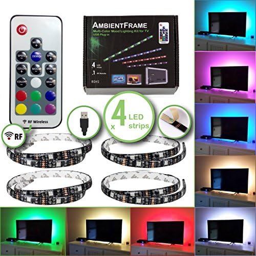TV LED Backlight, 5v USB Led Lights Kit - x4 qty 20" Strips (80" Total) + RF Remote Control - Neon Accent Bias Mood Lighting RGB for TV, PC, Vanity Mirror, Desk, Home Theatre - by AmbientFrame