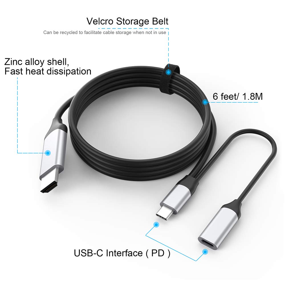 Fix4U USB C to HDMI Cable with PD(4K@60Hz), 6Ft USB Type C to HDMI Cable Braided Thunderbolt 3 Compatible with MacBook Pro/iPad Pro/MacBook Air 2018, iMac 2017, Surface Book 2, Samsung Galaxy S10/Note