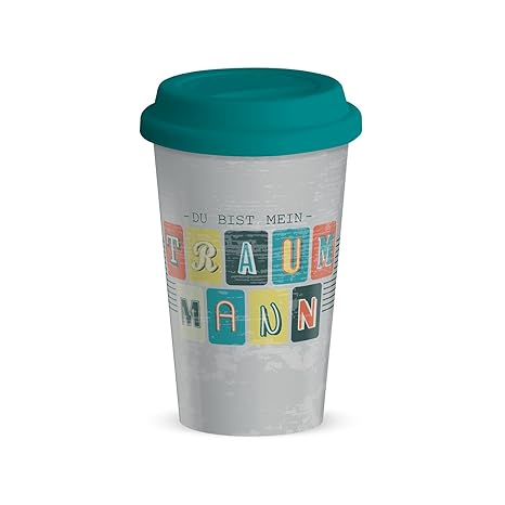 Die Geschenkewelt 44432 Becher mit Spruch Traummann, Porzellan, 45 cl, mit Silikon-Deckel, grün, mehrfarbig
