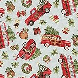 Springs Creative Red Truck Toss Christmas with Tree Cotton Fabric
