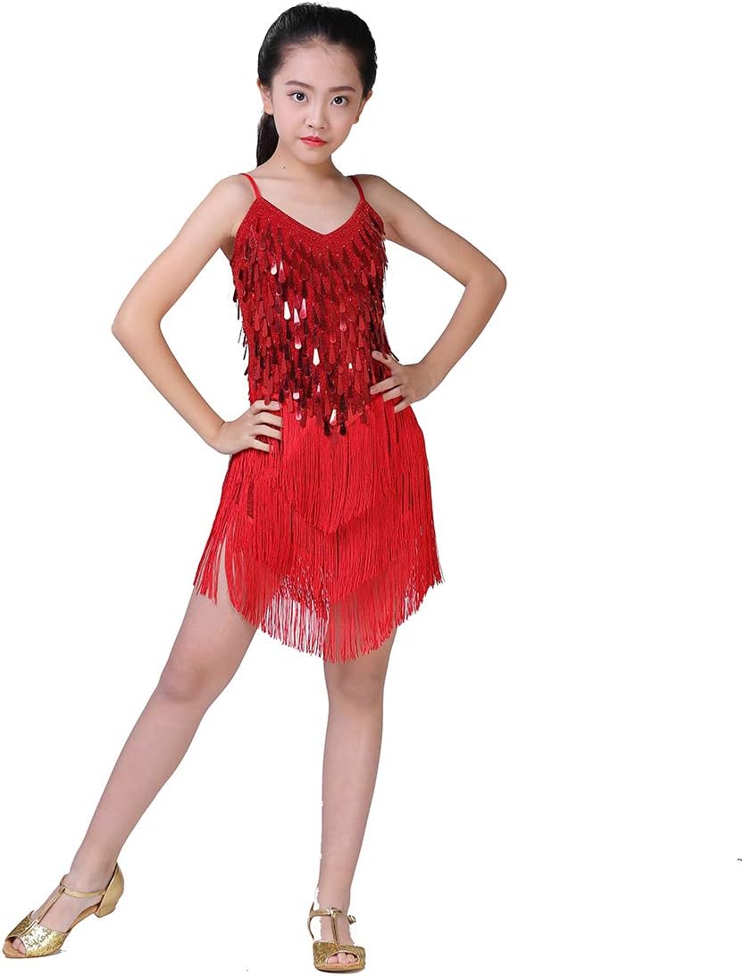 Magogo Girls Dancing Dresses, Sequin Tassel Skirt Latin Dance Costumes for Kids, Salsa Ballet Tango Rumba Ballroom Dancewear