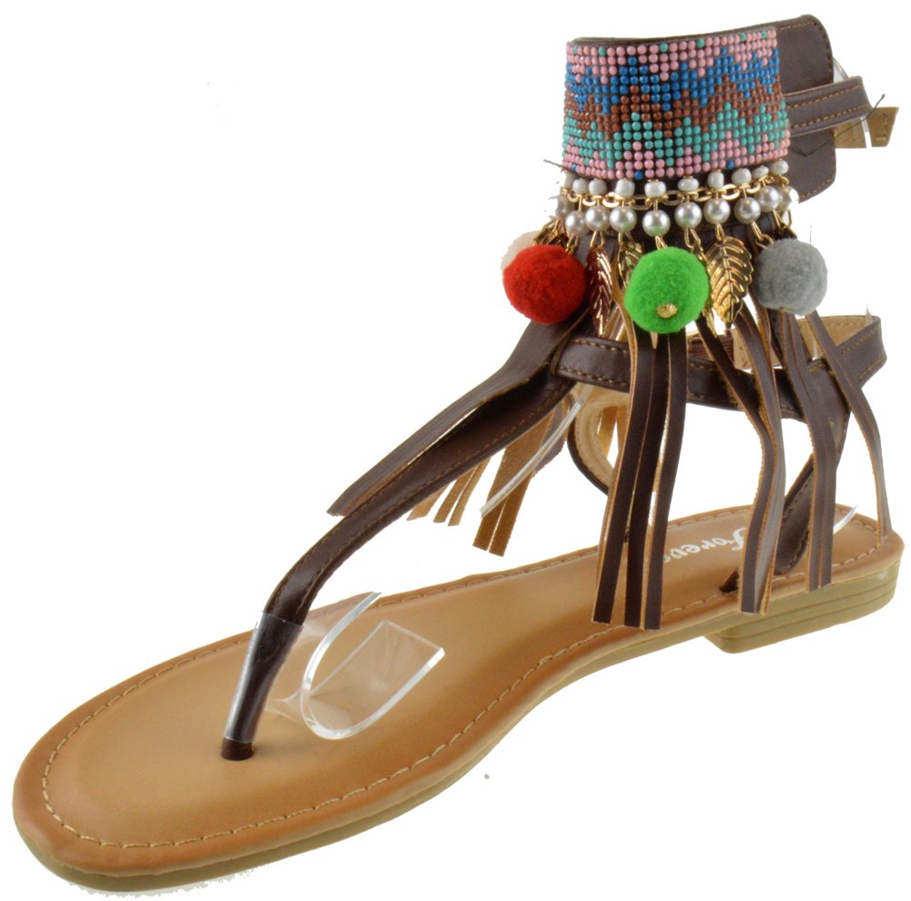 Festive 5 Womens Fringe Decorative Flat Gladiator Sandals - Image 4