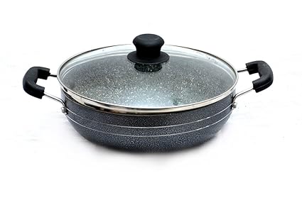 Classic Cookware Marble Coated Aluminum Kadai with Glass Lid in Grey (22cm/2.1Ltr)
