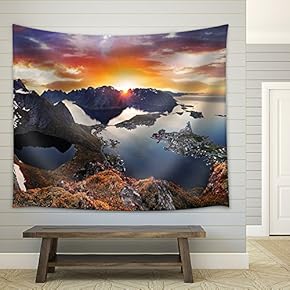 Mountain Coast Landscape at Sunset, Norway - Fabric Wall Tapestry Home Decor - 51x60 inches