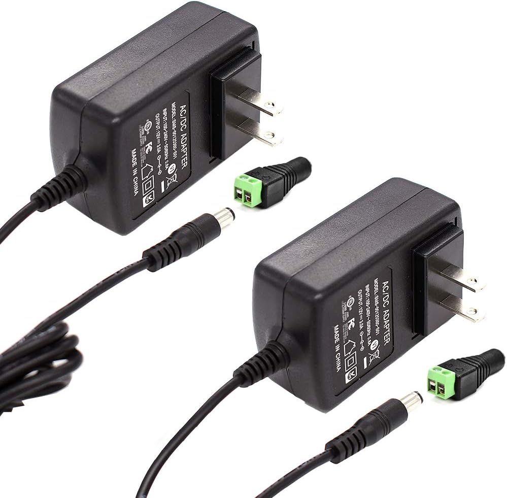 iCreatin 12V 3A Wall AC DC Power Supply Adapter Lighting Transformer for CCTV Cameras, DVR, NVR, LED Tape Strip Light, UL Listed FCC (2-Pack)