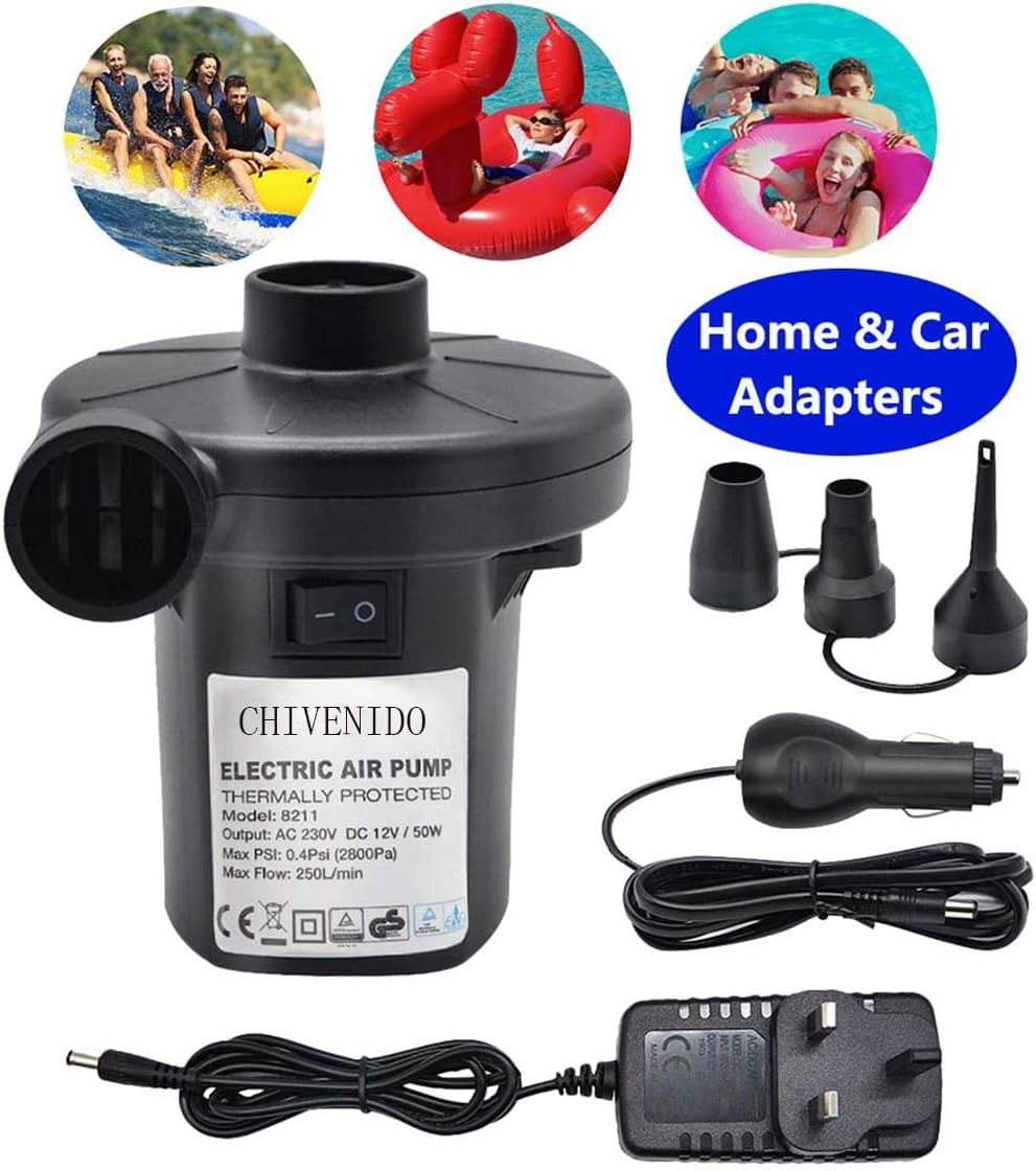 CHIVENIDO 2Way Electric Air Pump, Portable Quick-Fill AC/DC Air Pump Inflatable/Deflatable Pump Air Bed Swimming Ring Air Mattress Pool Toy Raft Boat Outdoor Camping: Sports & Outdoors