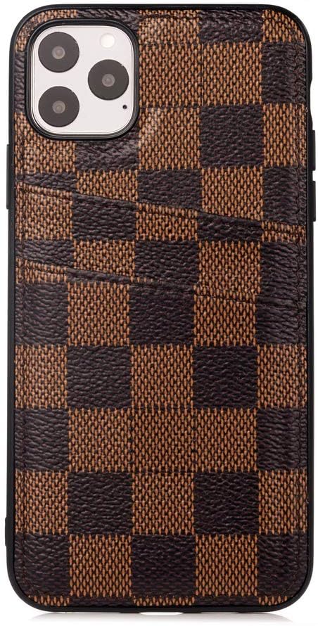 MAISIE BROWNE Checker Brown Color New Elegant Luxury Fashion PU Leather Monogram Design Pattern Stylish Daul Card Slot Cover Case for Apple (iPhone 11 Pro MAX)