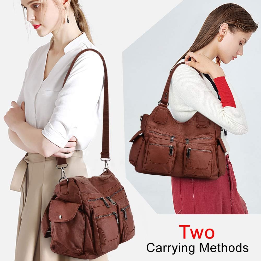 BAIGIO Ladies Handbag Soft Washed Leather Hobo Shoulder Bag Cross Body Top-Handle Purse For Women with Detachable Shoulder Strap (#A-Brown) - Image 3