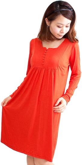 Amazon ナドゥー Nadoo 全10色 胸元ボタン スクエアネック 長袖 ワンピース 510 オレンジ ワンピース チュニック 通販
