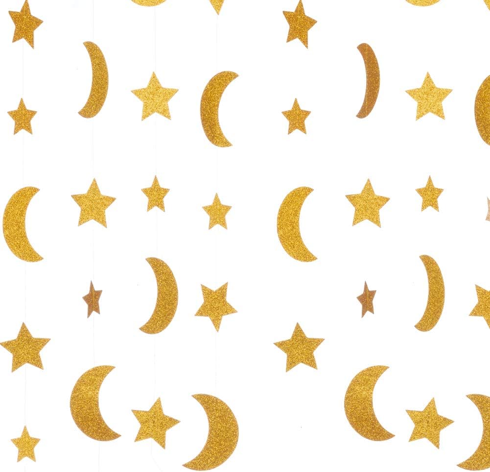 WEVEN Gold Glitter Moon Star Paper Garland, Twinkle Twinkle Little Star and Moon Banner Hanging Party Decorations for Wedding, Thanksgiving, Baby Shower, Birthday Party, 20 Feet in Total