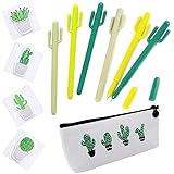 Cactus Ballpoint Pen, 6 pcs Cute Cactus Premium Black Gel Ink Office Writing Pens with Cactus Canvas Pen Case Pencil Bag for School Office Supply Gift Stationery(Cactus Pen set)