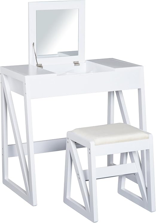 Homcom Mdf Pine Dressing Table Set Cushioned Stool Writing Desk