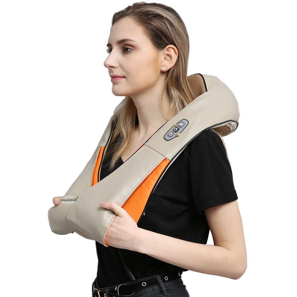 Shiatsu Neck Back Shoulder Massager with Heat,Deep Kneading Heating Massager Rollers,Car & Home Double Use[Auto Turn Off/Bi-Direction Control](Beige)