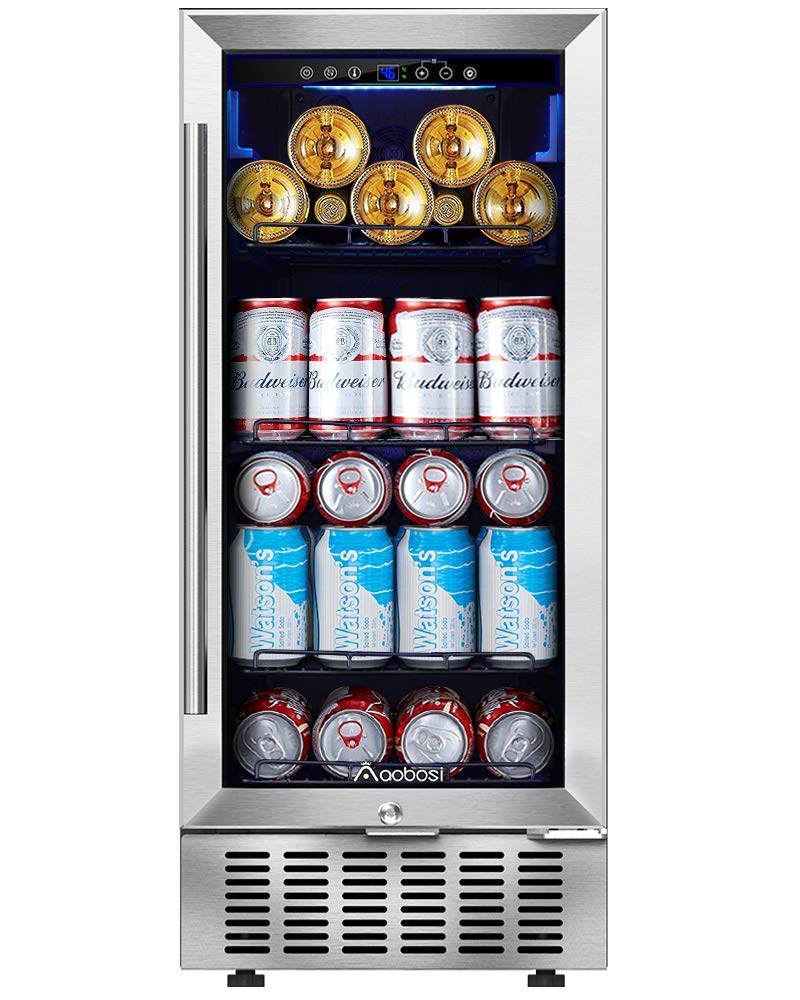 Beverage Refrigerator 15 Inch by Aobosi, 94 Cans Built-in Beverage Cooler with Quiet Operation, Compressor Cooling System, Energy Saving, Adjustable Shelves, Ideal for Beer, Soda, Water or Wine
