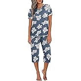 Ekouaer Women's Pajama Set 2 Piece Short Sleeve Capri Pj Sets V Neck Loungewear Sleepwear with Pockets S-3XL