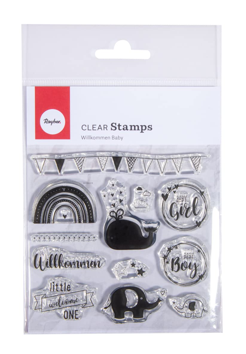 Rayher Set of 12 Clear Silicone Stamps for Card Making and Crafting, Stamps with Baby Phrases, Elephant and Rainbow Designs, 102.5x97mm, 50257000