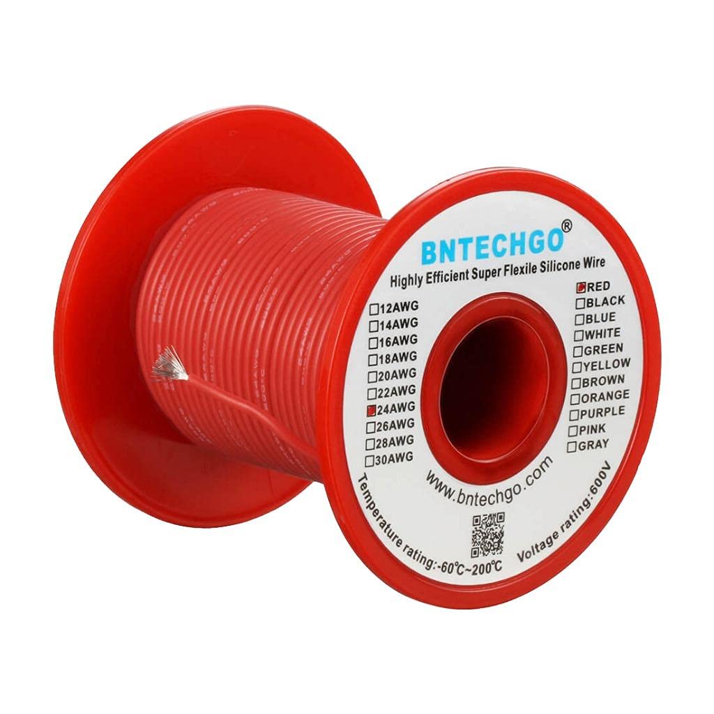 BNTECHGO 24 Gauge Silicone Wire Spool Red 100 feet Ultra Flexible High Temp 200 deg C 600V 24 AWG Silicone Rubber Wire 40 Strands of Tinned Copper Wire Stranded Wire for Model Low Impedance