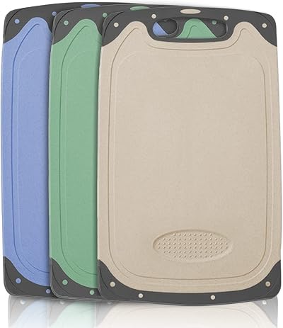 BOCHION 3-Piece Plastic Cutting Board Set BPA Free Non-Slip Deep Juicer Groove