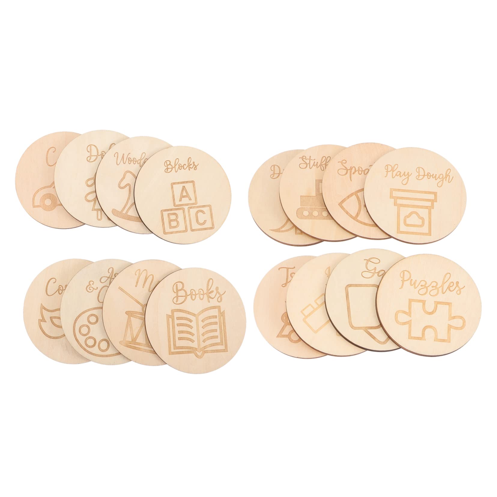 TOYANDONA Wooden Round Tags 16 Pieces Toy Storage Labels Circle Ornaments for Toy Box Organizer Nursery Decor Kids Playroom