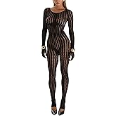 RISCUYY Black Jumpsuit for Women Mesh Lace Long Sleeve See Through Jumpsuits Sexy Rave Oufits Clubwear