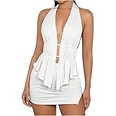 SOLY HUX Women's Sexy 2 Piece Outfits Hollow Out Asymmetrical Halter Top Bodycon Mini Skirt Party Club Sets