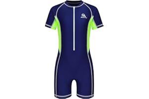 Lorilida Kids Boys One Piece UPF 50+ Swimsuit Short Sleeve Front Zipper Swimwear Rash Guard Bathing Suit