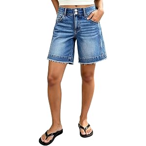 Flamingals Mid Rise Mid Thigh Length Denim Wash Raw Hem Shorts for Women | Dual Button Summer Jean Shorts with Pockets, Jean
