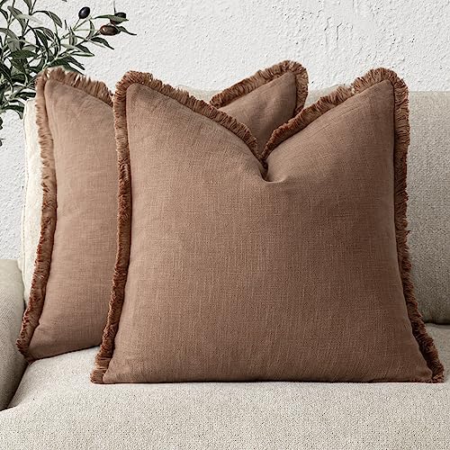 Foindtower Set of 2 Decorative Linen Fringe Throw Pillow Covers Cozy Boho Farmhouse Cushion Cover with Tassels Soft Accent Pillowcase for Couch Chair Sofa Bed Living Home Decor,18×18 Inch,Rust