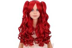 PATTNIUM Kids Long Curly Red Wig Girls Red Long Wigs with 2 Ponytails Red Wigs with Bangs Synthetic Wig with Wig Cap