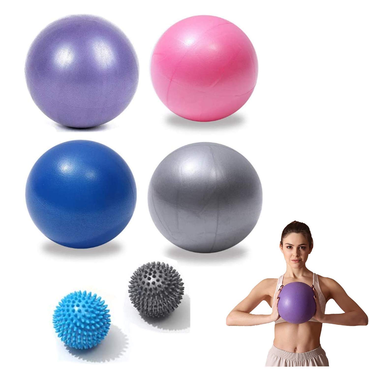 CDblue 4 pcs exercise yoga ball (23 cm) + 2 pcs massage balls (7cm) mini pilates ball yoga ball incl inflating tube, for fitness, rehab, back training