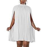 Women’s Casual Cape Sleeve Pleated Split Short Dress Loose Fit Cocktail Party Flowy Dress