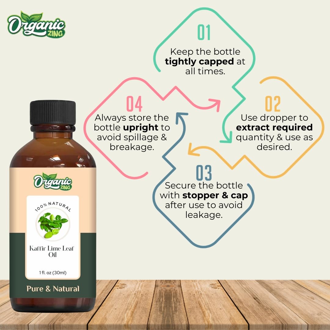 Organic Zing Kaffir Lime Leaf (Citrus Hystrix) Oil | Pure & Natural Essential Oil for Skincare, Hair Care, Aroma and Diffusers- 30ml/1.01fl oz