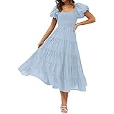 ZESICA Women's 2026 Summer Square Neck Short Puff Sleeve Solid Color High Waist Casual Smocked Flowy A Line Tiered Midi Dress