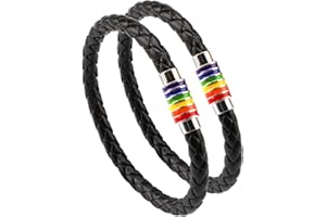 PHOGARY Gay Pride Bracelet LGBT Rainbow (2 Packs), Couple Black Leather Bracelet Men’s Women’s Bangle with Rainbow Striped Stainless steel Magnetic Clasp 22cm
