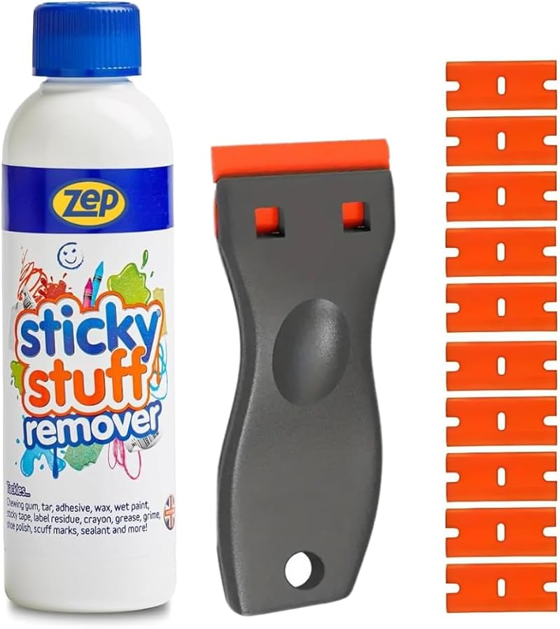 Zep Sticky Stuff Remover 250ml with Plastic Scraper & 10 Blades