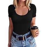 SANDERY Summer Women's Scoop Neck Short Sleeve Shirts Ribbed Slim Fitted Casual Basic Top Blouses