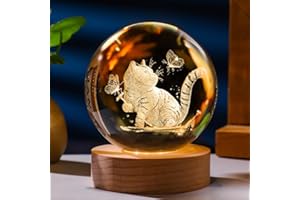 Coyoohouse Glowing Crystal Ball 3D Inner Carved Small Crystal Ball Light with Wood Base, Decorative Creative Gift Luminous Crystal Ball for Christmas Classmates & Kids Birthday (Cat)