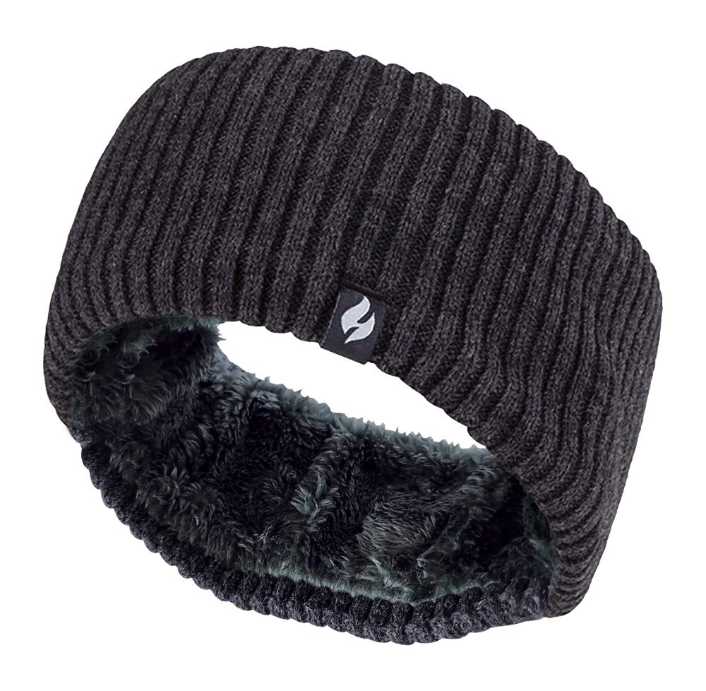 Heat Holders - Ladies Thick Cable Knitted Fleece Lined Thermal Winter Empty Skull Ear Warmer Headband (One Size, Ribbed Dark Grey)