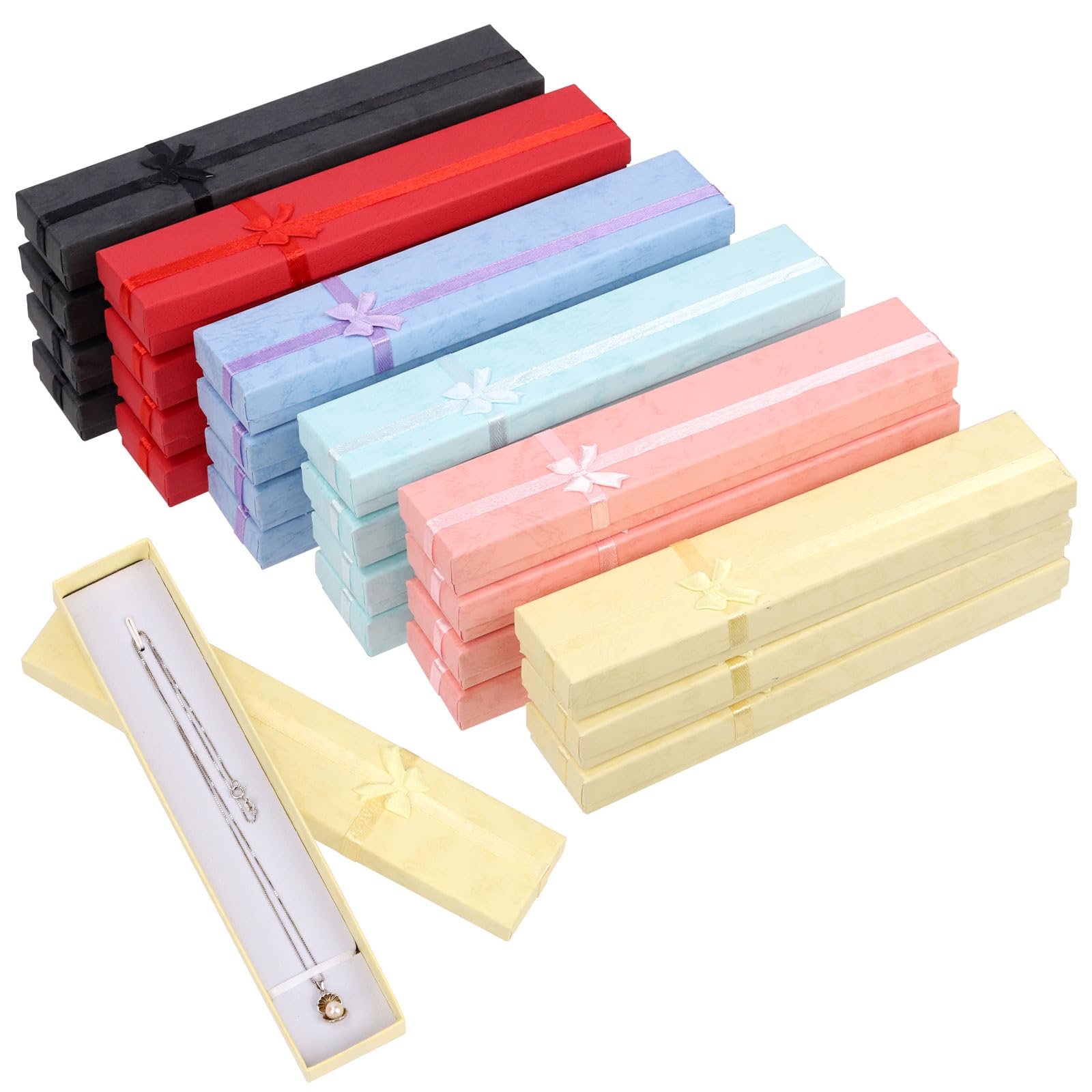 Keadic 24Pcs 6 Colors Jewelry Gift Boxes, 1.57” x 7.9 x 1.2 Necklaces Bracelets Storage Cardboard Cases with Lids and Satin Ribbons Bowknot for Anniversaries Weddings