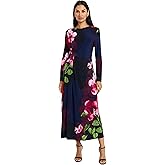 Maggy London Womens Elegant Floral Midi Bodycon Dress - Long Sleeve Cinched Waist - Wedding Guest Cocktail Garden Dress