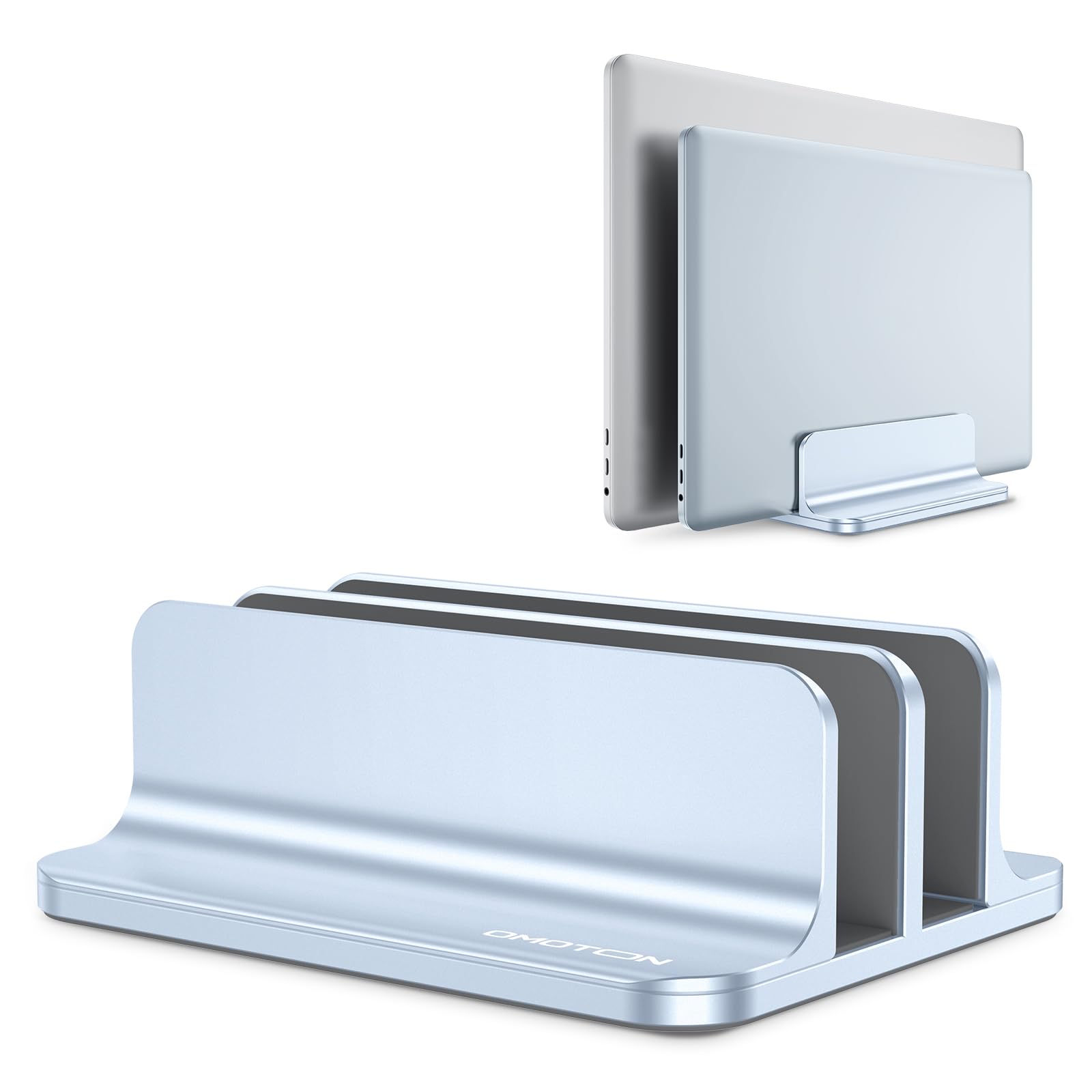 Photo 1 of OMOTON [Updated Dock Version Vertical Laptop Stand, Double Desktop Stand Holder with Adjustable Dock (Up to 17.3 inch), Fits All MacBook/Surface/Samsung/HP/Dell/Chrome Book (Sky Blue)