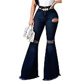 Women's Elastic Ripped Hole Classic Denim Bell Bottom Jeans